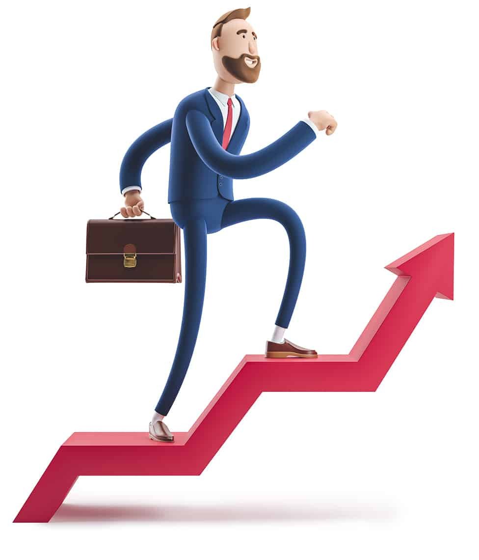 Man climbing up the upward arrow