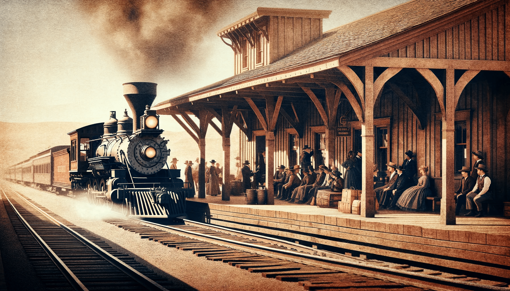 DALL·E 2024-01-22 16.37.56 - An image of an old western train station with a steam engine unloading passengers, without the building and shadow on the left side of the tracks.