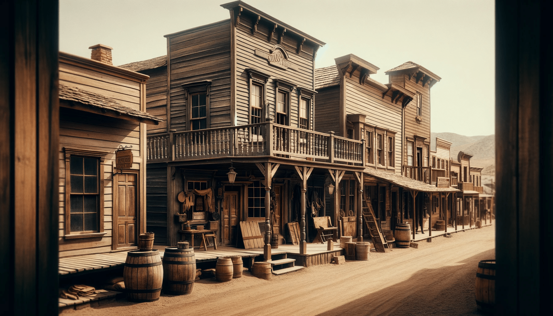 DALL·E 2024-01-22 16.35.50 - An image of an old western street, capturing the essence of the Wild West era. The street is lined with wooden buildings typical of a western town