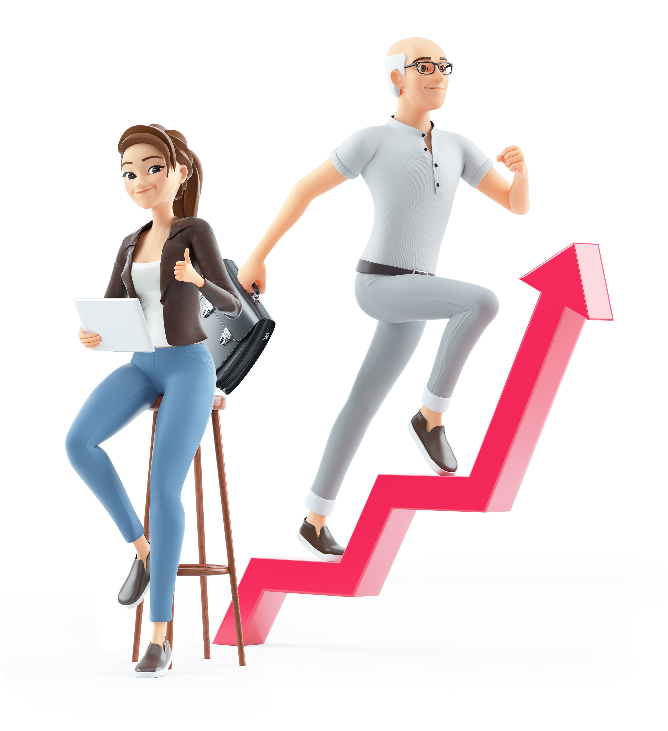 Woman sitting on stool with old man running up arrow