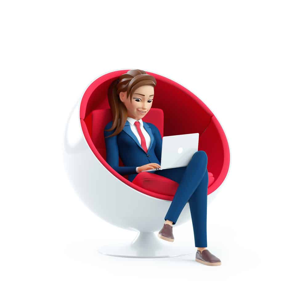Girl using laptop sitting in round chair