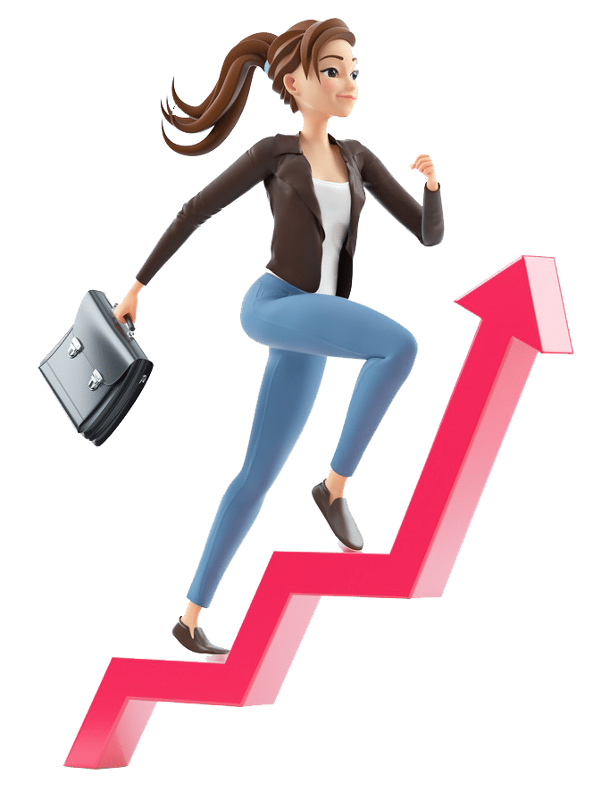 woman with briefcase running on growing arrow