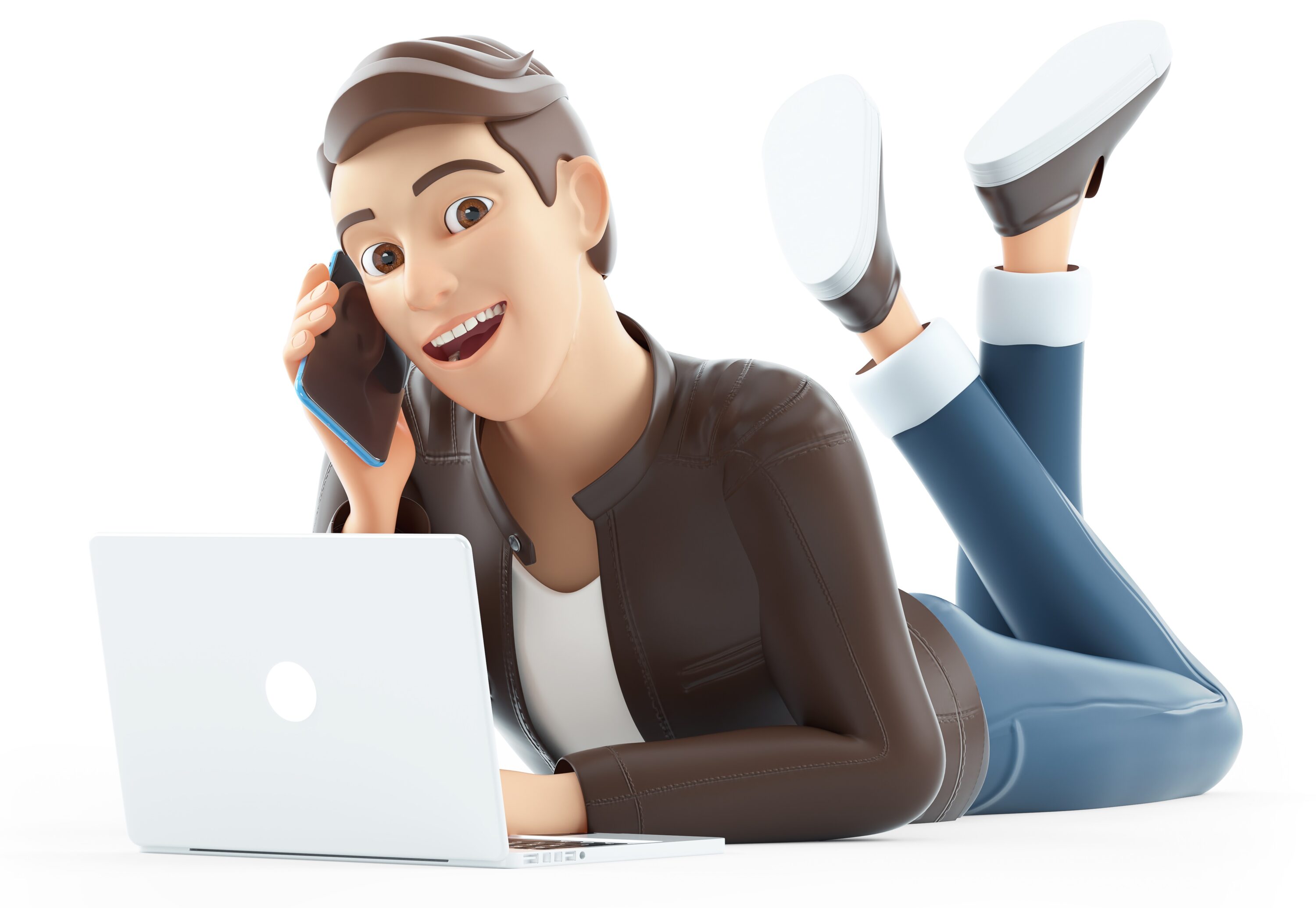 man lying down on floor with phone and laptop