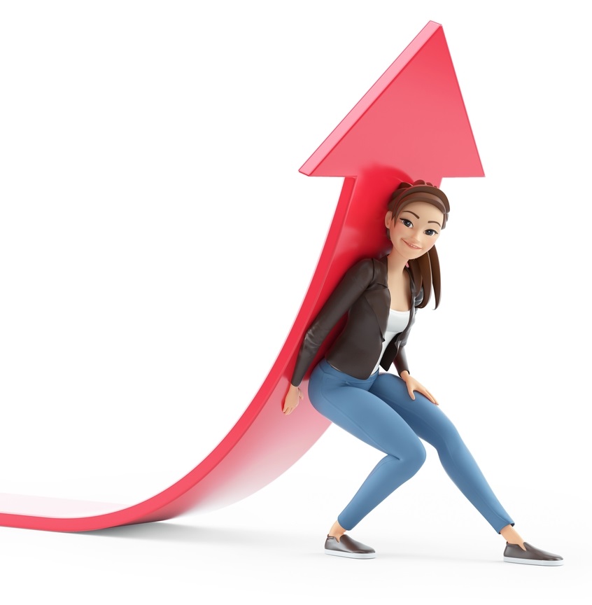 3d cartoon woman lifting up red arrow