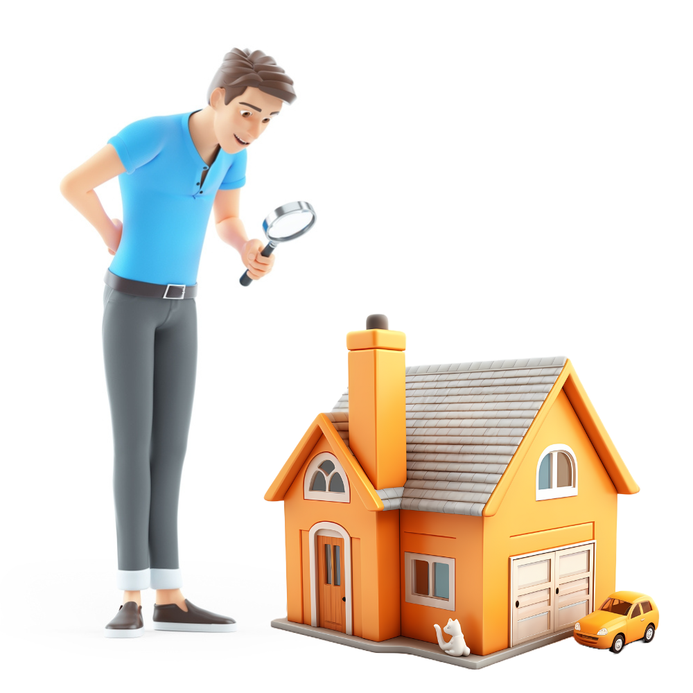 Man looking at the house through magnifying glass