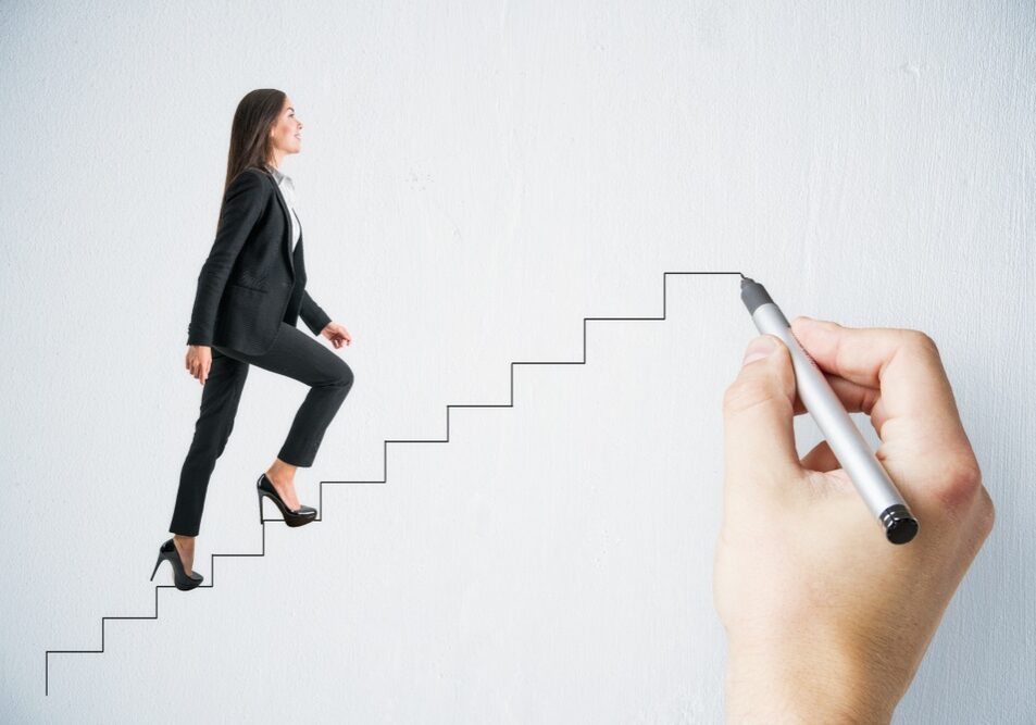 Hand,Drawing,Businesswoman,Walking,Up,Stairs,On,Subtle,Background.,Leadership Leadership and success concept