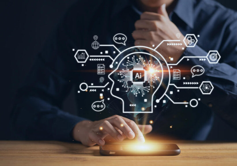 A man's hand holding a human AI business management