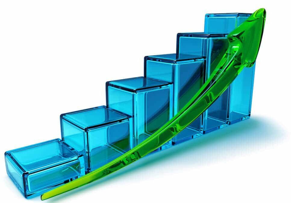 3D Bar graph increasing with upward arrow