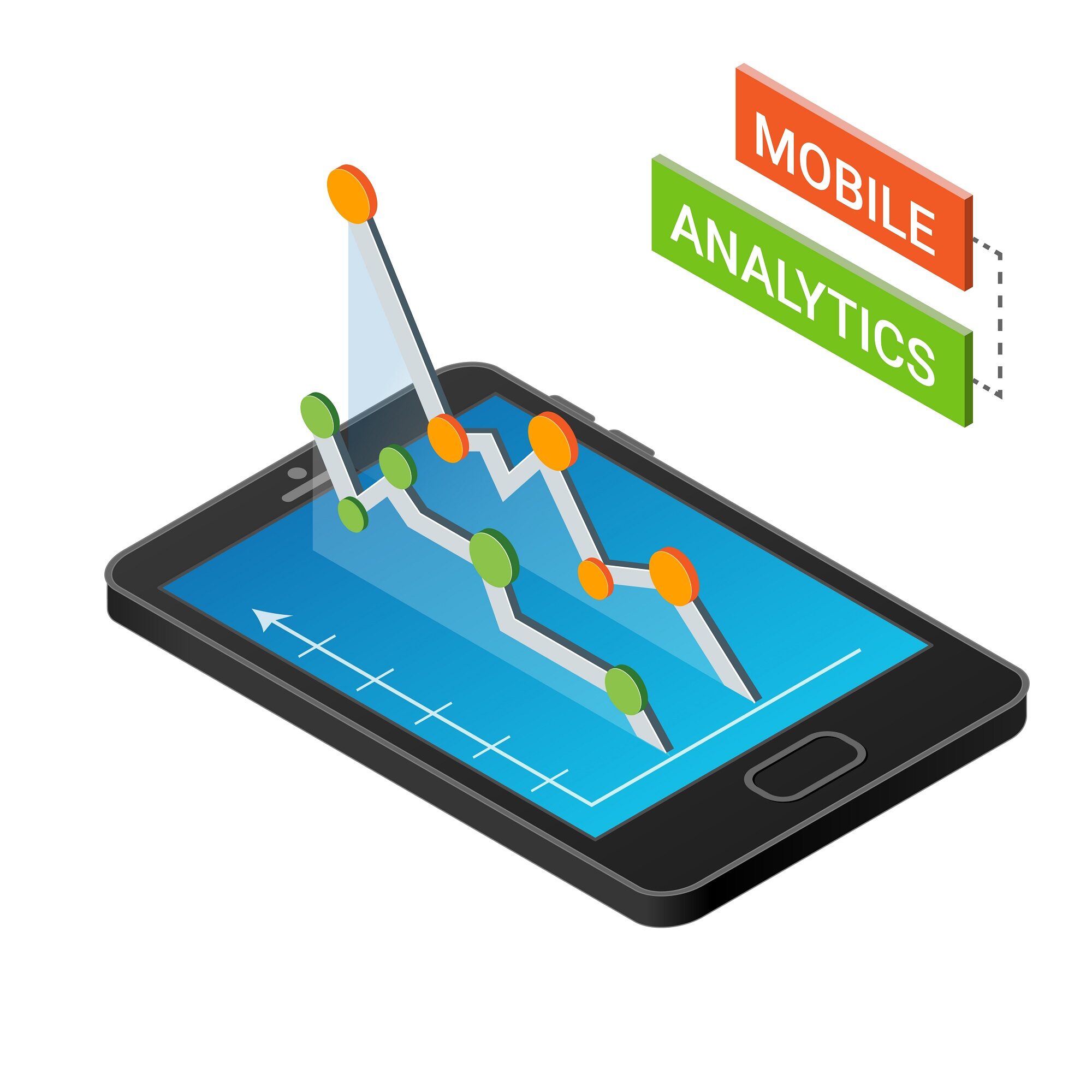 3d,Smartphone,With,Graphs,In,The,Isometric,Projection,Isolated,On Mobile analytics concept