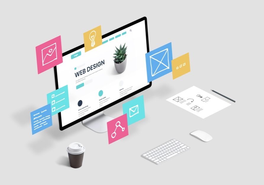Creative web design studio with flying web page layout elements concept